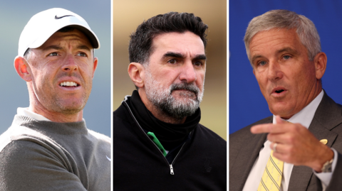 Rory McIlroy, Saudi Arabia’s Public Investment Fund chief Yasir Al-Rumayyan and PGA Tour commissioner Jay Monahan are playing at this week's Dunhill Links Championship pro-am event in Scotland