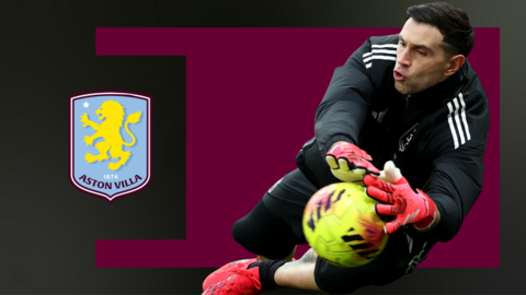 A graphic of Emiliano Martinez making a save in front of a claret and black background and the Aston Villa club badge