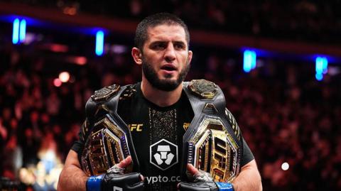 Islam Makhachev celebrates after beating Jack Della Maddalena in November 2025