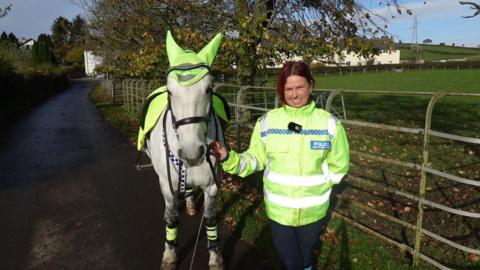 Amanda Wallace stands next to Murphy, a grey horse wearing a hi-vis sheet in the colour of Cumbria Police. Wallace is looking into the camera. She has brown hair and is wearing a hi-vis police jacket. They are standing in front of a field.
