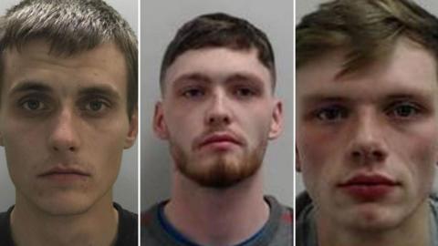 A row of three young men. Left: a police mugshot of thin white man with short brown hair staring at the camera. Middle: A pale white man with a ginger beard and short dark hair looks into the distance. Right a pale man with red cheeks and light brown hair looks straight into the camera.
