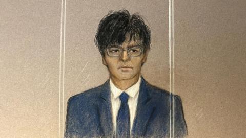 Court sketch of Zhenhao Zou, a man with black hair wearing a blue suit, white shirt and blue tie, sitting in the dock behind glass panels earlier in the trial