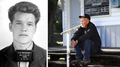 A split image shows Charlie Hopkins' mug shot and the 93-year-old sitting on his porch