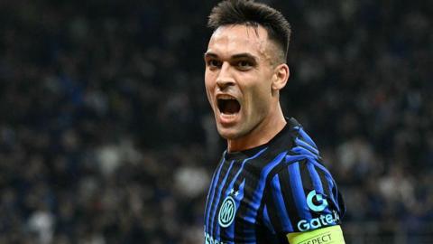 Lautaro Martinez celebrates scoring for Inter against Slavia Prague