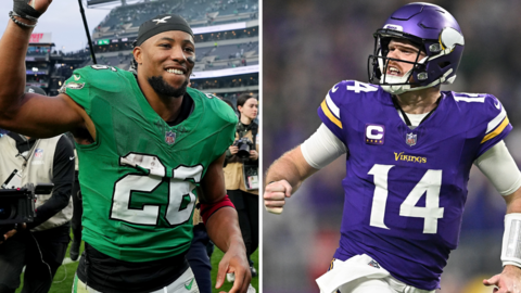 Phildelphia Eagles running back Saquon Barkley and Minnesota Vikings quarterback Sam Darnold both celebrate NFL wins