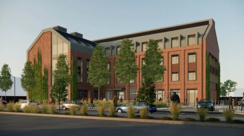 A CGI image of the planned new four-storey building, surrounded by several trees and other shrubbery. There are five parked cars outside the building