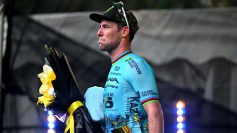 An emotional Mark Cavendish on the podium in Singapore