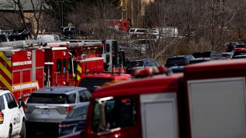 Emergency vehicles in front of synagogue