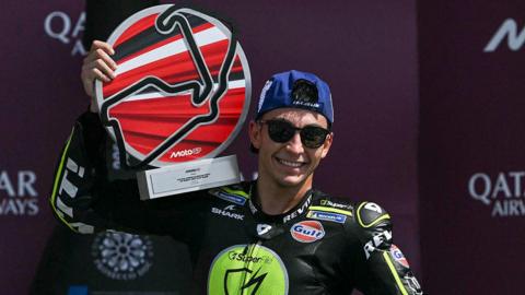 Trackhouse Racing's Raul Fernandez celebrating his British GP win