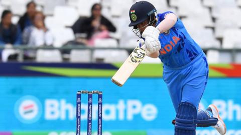 India's Shafali Verma plays a shot during the Group B T20 women's World Cup cricket match between West Indies and India at Newlands Stadium in Cape Town