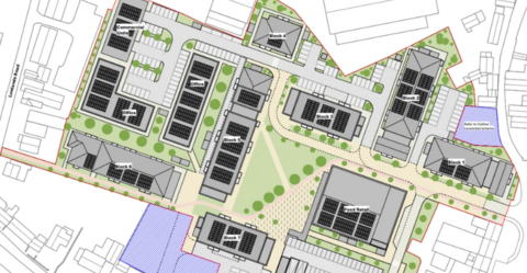 Plans showing a development at Leale's Yard. A number of offices, flat blocks and a food retail block. 