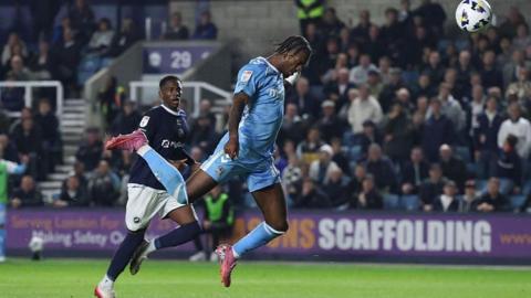 Haji Wright heads his second goal against Millwall 