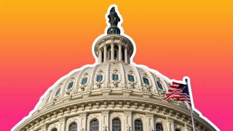The US Capitol Building roof is seen cut out and set against the Tech Tent brand colours of deep magenta and orange
