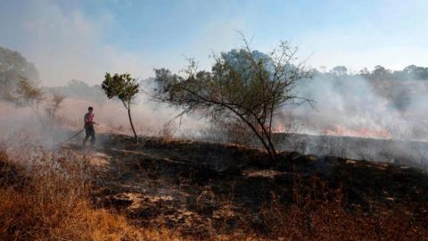 An Israeli fire fighter extinguishes a fire near Kibbutz Kissufim, next to the Gaza Strip, caused by an incendiary balloon (19 August 2020)