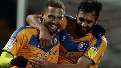 Mansfield celebrate Jordan Bowery's goal against Salford