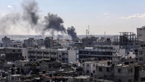 Smoke rises over the residential areas following the Israeli attack in Rafah, Gaza on 31 January 2024