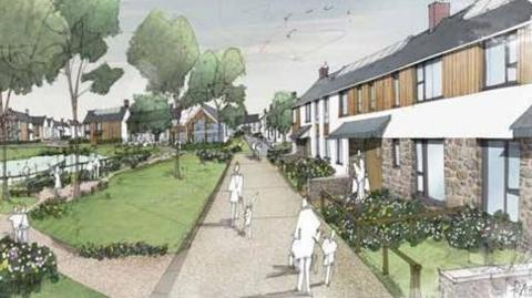 An artist's impression of the central open space area for the proposed development at Brynsworthy. In a cartoon style a large woodland area is seen with houses around the development. 