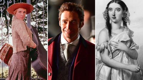 Julie Andrews in Sound of Music, Hugh Jackman in Greatest Showman and an illustration of Pocahontas 