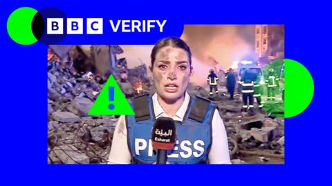 An AI-generated image of a reported speaking to the camera, with blue and green BBC Verify branding overlayed
