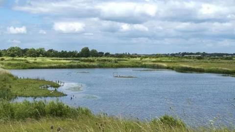 A lake surrounded by rushes, with a dense treeline and farm buildings in the distance.