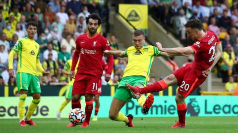 Diogo Jota scores for Liverpool against Norwich City