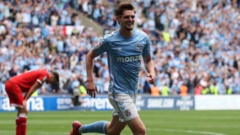 Coventry City midfielder Jack Rudoni smiles in celebration following scoring his second goal against Middlesbrough. 