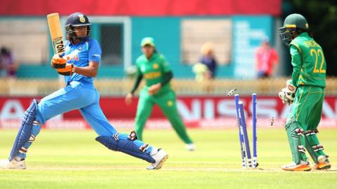 Jhulan Goswami of India is bowled by Nashra Sandhu of Pakistan during the ICC Women's World Cup match between India and Pakistan at The 3aaa County Ground on July 2, 2017 in Derby, England