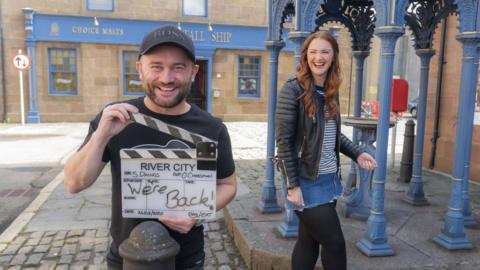 River City actors Stephen Purdon (plays Bob O'Hara) and Gayle Telfer Stevens (plays Caitlin McLean) on the set of the drama as it returns to start filming again