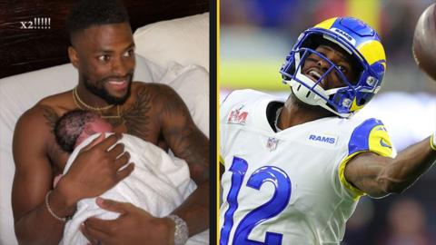 Left: LA Rams' Van Jefferson in hospital with new-born son. Right: Van Jefferson at Super Bowl 2022