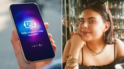 A mobile displaying the message 'Hello, what can I help you with?' and a woman wearing a black top and resting her chin on her hand. She has sunglasses pinning back her hair and has golden earrings, necklace and bracelet.