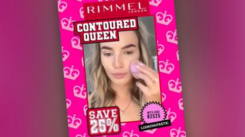 A photo of the Rimmel London Facebook ad but on a pink background. The ad says "Rimmel London" and "contoured queen" above a photo of Love Islander Lana Jenkins applying make-up to her cheek.