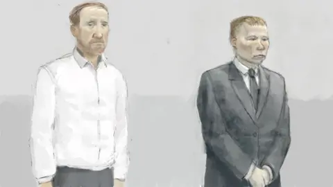 An artist's impression of the two men accused of felling the Sycamore Gap tree. Daniel Graham is on the left wearing a white shirt and grey trousers and Adam Carruthers is on the right wearing a grey suit, grey tie and a white shirt