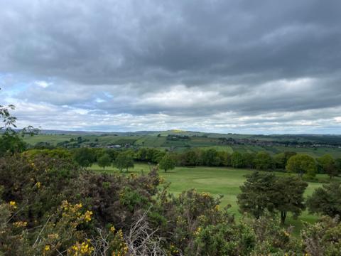 Rolling green countryside beneath dark, dramatic clouds with trees and flowering shrubs in the foreground in Stannington, Sheffield
