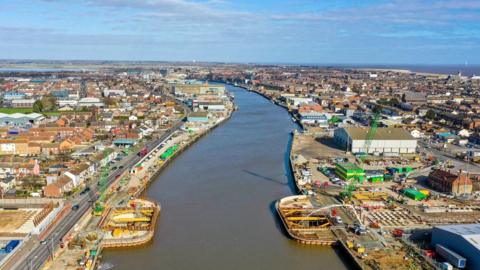 Aerial footage of work taking place at what will become the third river crossing in Great Yarmouth