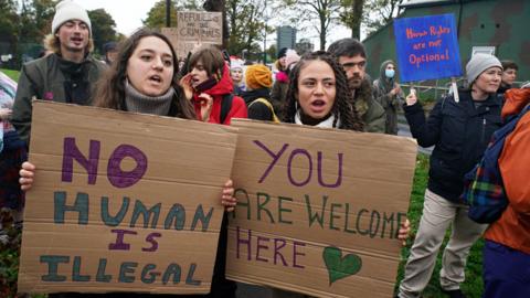 Protesters outside the Manston immigration short-term holding facility