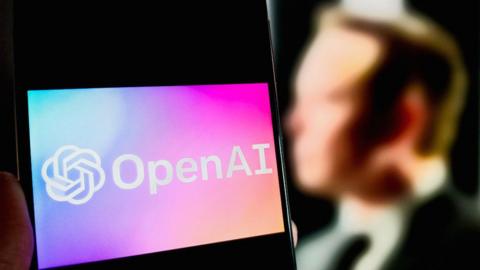 Digital illustration shows OpenAI logo displayed on a smartphone screen with a blurred image of Elon Musk in the background