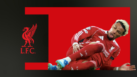 Injured Ekitike in front of red and black background with Liverpool badge