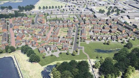 A computer generated image showing an aerial view of the proposed housing development. Dozens of houses set out around a number of roads are surrounded by grassy areas and trees.