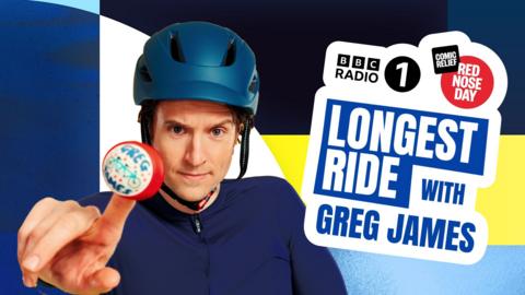 Greg James holding up customised red nose with the words 'longest ride with Greg James' next to him