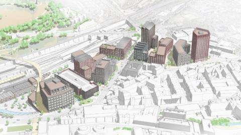 An artist's impression of how the new station campus could look. It shows several tower blocks and a bridge going over a pencil drawing of Sheffield railway station