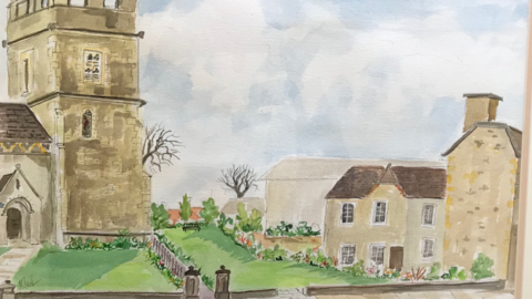 A watercolour painting of a church surrounded by grass and plants.