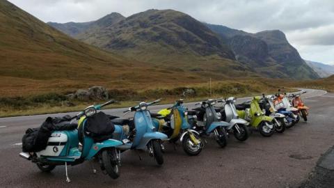 A row of Lambretta scooters used by the Lambretta Club Scotland