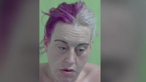 A mugshot of Hayley Williams, a woman with pink and grey hair, she looks down.