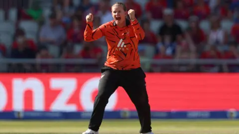 Sunrisers Leeds' Jess Jonassen celebrates taking a wicket 