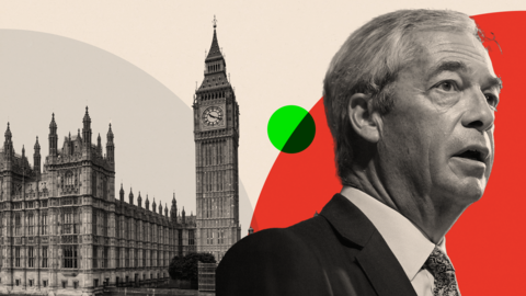 Two images: On the left, a image of Houses of Parliament and on the right, a image of Nigel Farage
