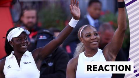 Victoria Mboko and Serena Williams wave to crowd 
