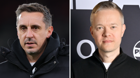 Split picture graphic of Gary Neville and Mark Goldbridge