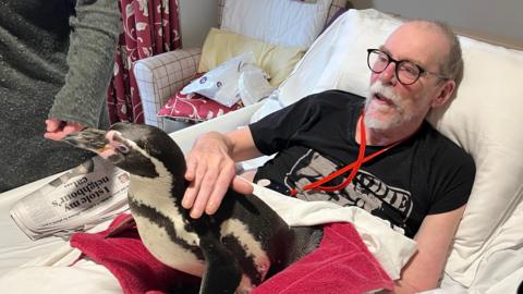 A man holding a penguin