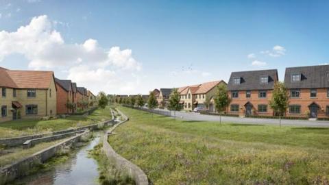 Artist's impression of a housing development consisting of two rows of large, two story brick built properties, some with further dormer windows, on either side of the grassy banks of a stream.
