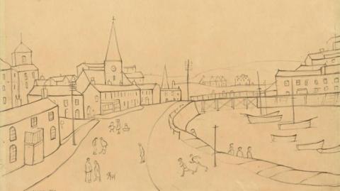 "Maryport - The Estuary", a pencil drawing by LS Lowry. It is is sketch form, showing a street curving round a waterway with boats outlined. There are houses, churches, a bridge and distant hills in the drawing, along with telegraph poles, people and a dog.